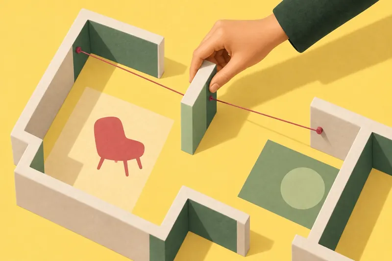手が、図面の隣の壁と糸でつながれた間仕切りを動かしている。