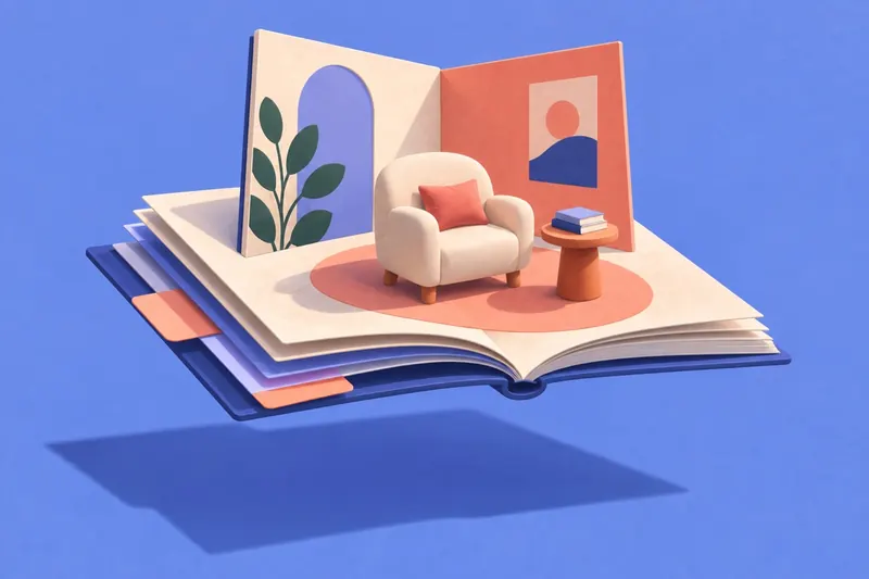 開いた本の中から、保存された部屋がふたたび立ち上がる。しおりが以前のバージョンを示している。